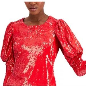NWT INC Petite Red Sequin Blouson-Sleeve Top size Medium